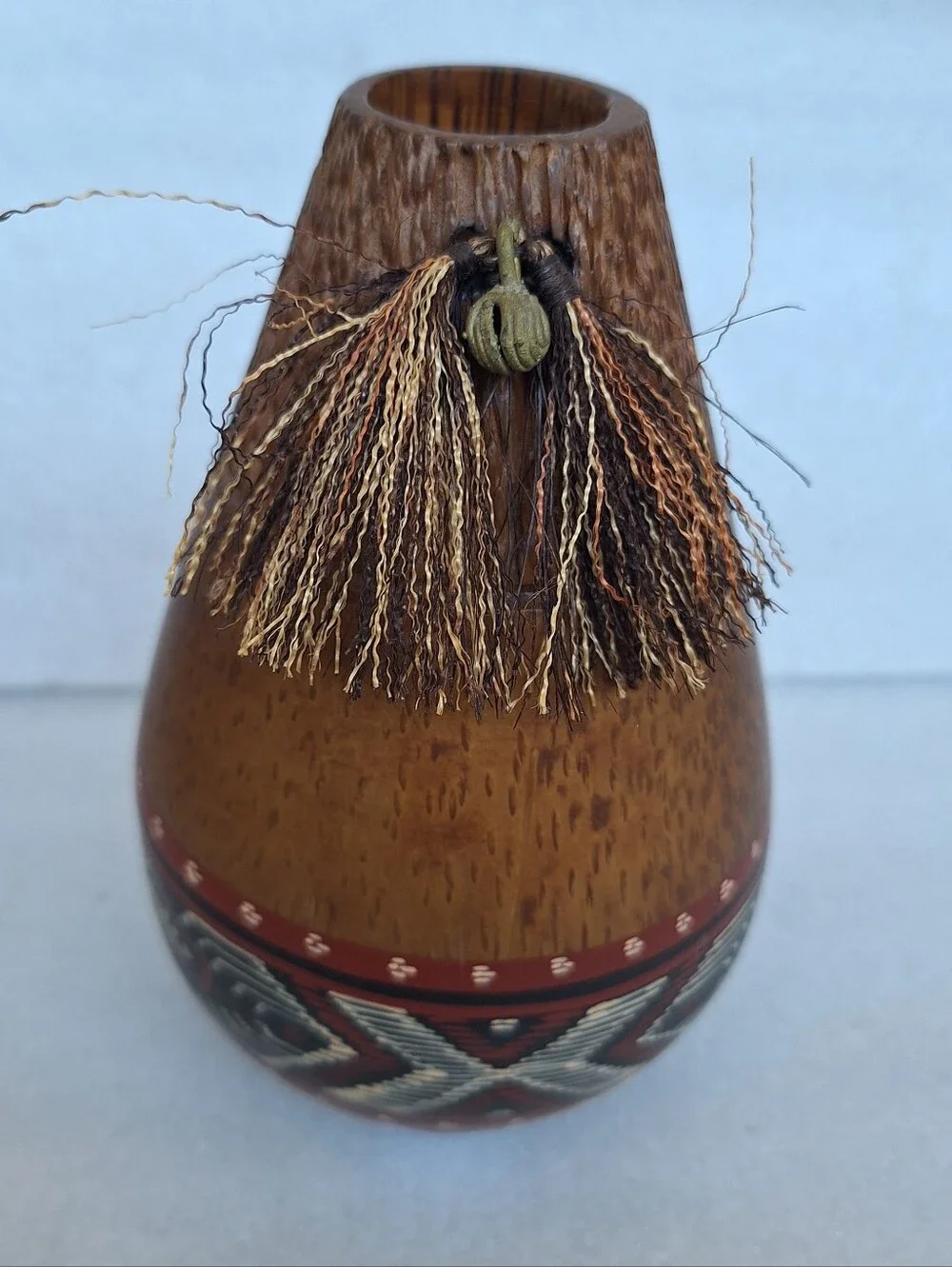 Vintage Handcrafted Cocowood Vase Handpainted Boho